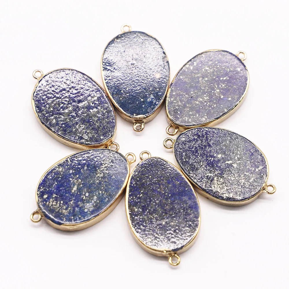 

Natural Stone Oval Pendants Connector Lapis Lazuli Flat Necklaces Mineral Healing Gold Plated Edge Charms Jewelry Wholesale 4Pcs