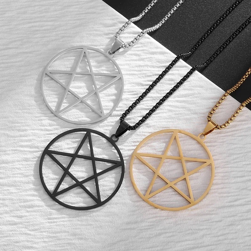 Retro Solomon Religious Witchcraft Pentagram Stainless Steel Pendant Necklace for Men and Women Fashion Lucky Jewelry