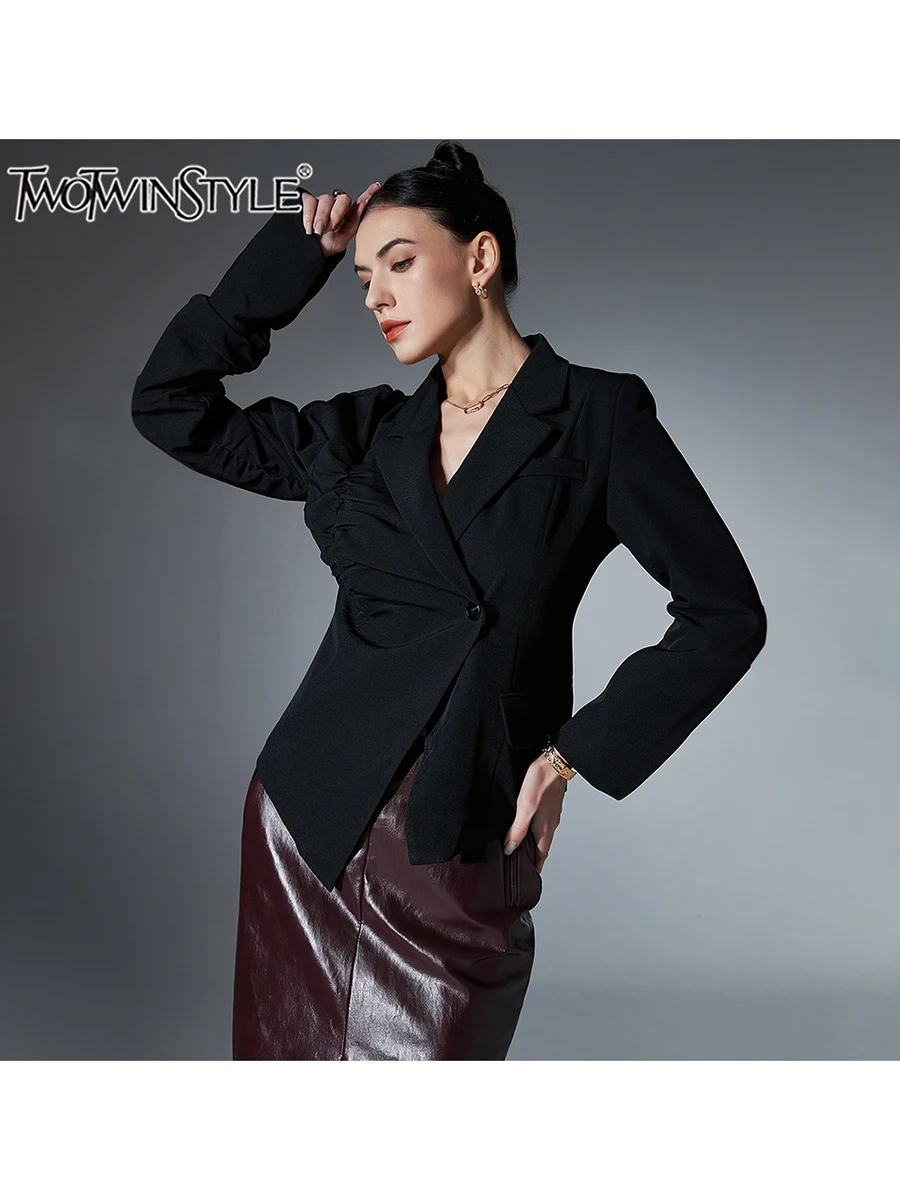 

TWOTWINSTYLE однотонный элегантный пиджак на пуговицах для женщин с зубчатым воротником и длинными рукавами, нерегулярные утягивающие пальто, женская мода, новинка