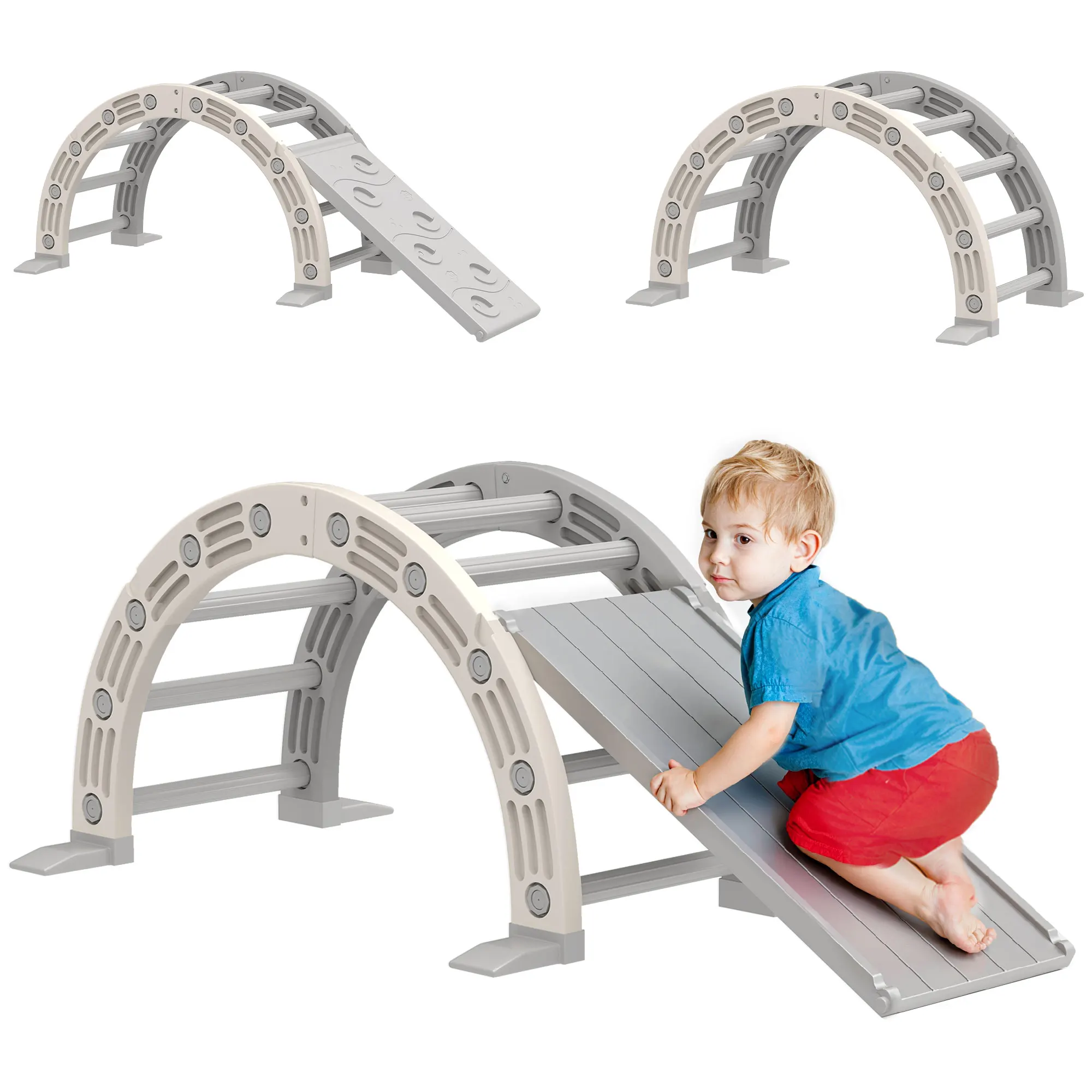 Aiyaplay Jouet d'escalade 4 en 1 pour enfants avec arche d'escalade, balançoire, rampe et toboggan, jouet en plastique pour enfants de 18 à 48 mois, pour l'intérieur et l'extérieur, gris et blanc