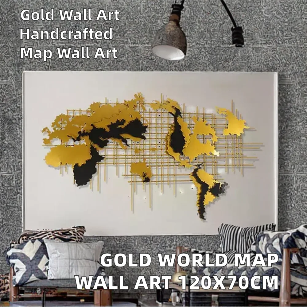120X70CM Creative Indoor Gold World Map Wall Art Large Metal Handmade Living Room Decor Contemporary Style Iron for Birthday