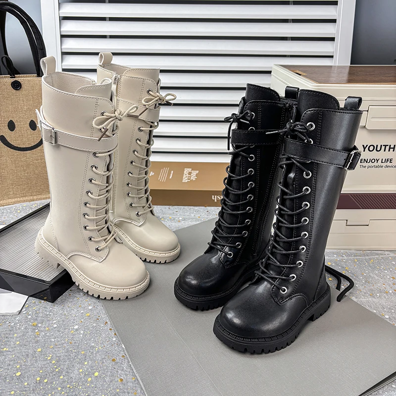 

Вечерние сапоги принцессы для маленьких девочек с ремешком с пряжкой, новинка 2024, зимние детские ботинки до середины икры на платформе, нескользящие простые школьные ботинки