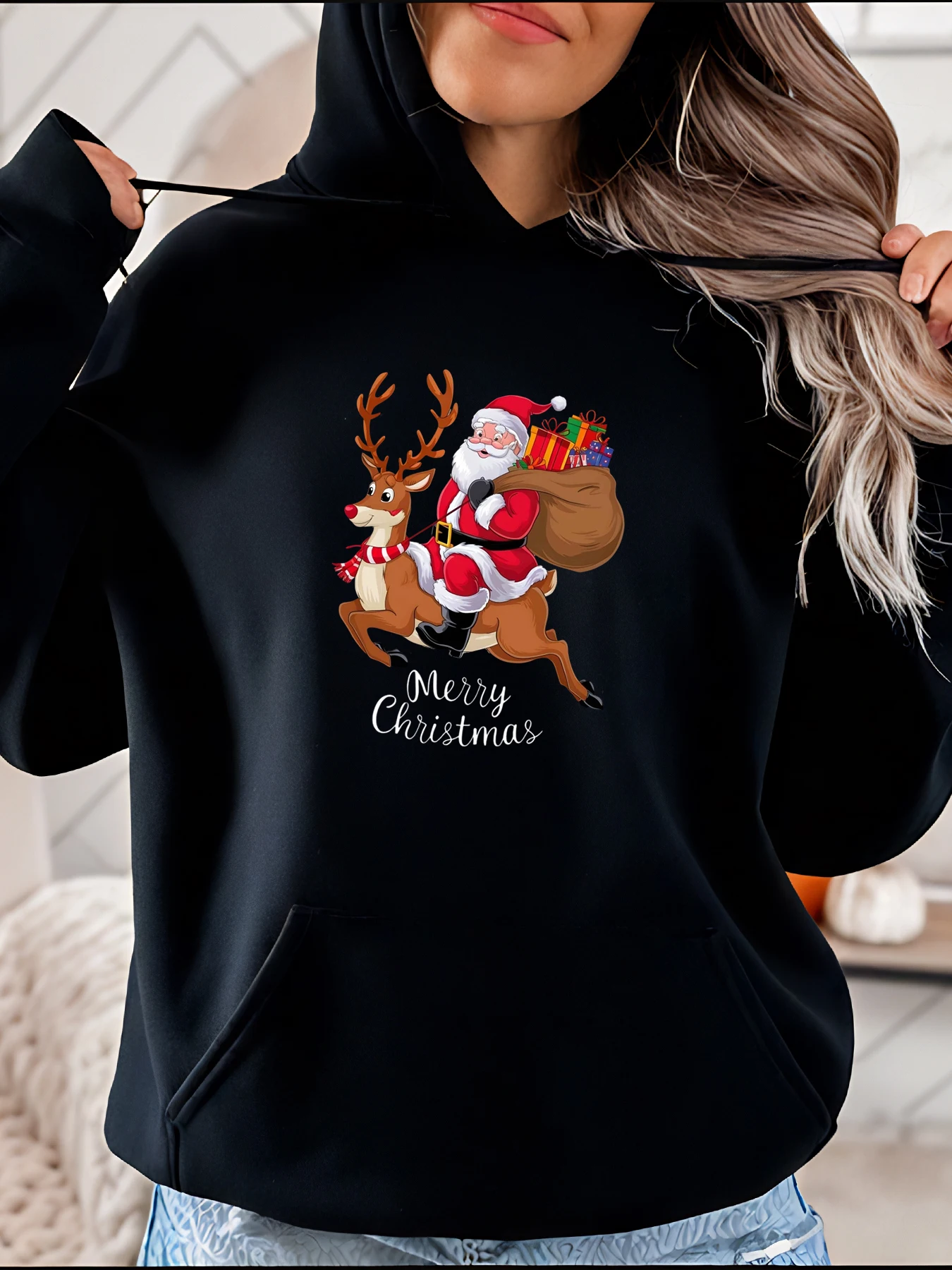سانتا كلوز ركوب الرنة المطبوعة هوديي عارضة عطلة عيد الميلاد البلوز المرأة الشتاء الدافئة الزي
