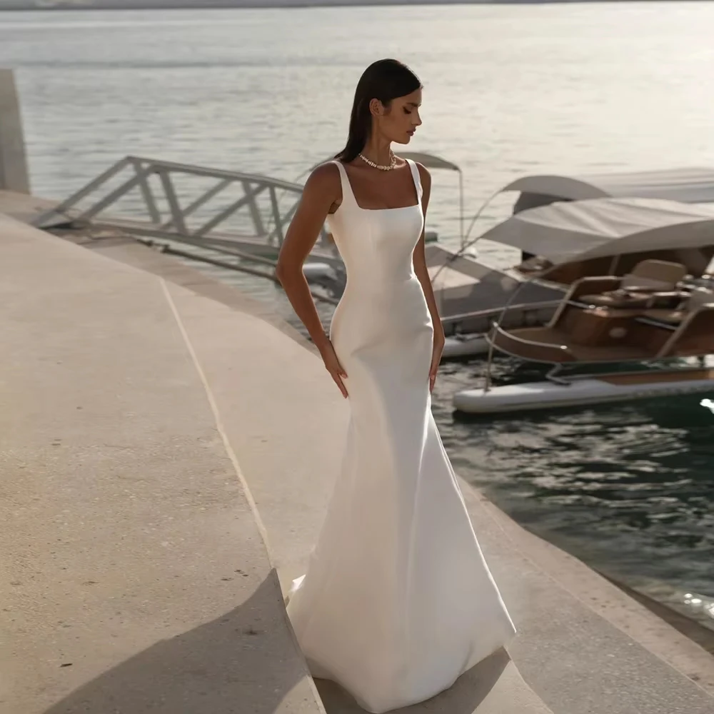 Customized Simple Straps  Satin Wedding Dress For Woman Bride Mermaid Sweep Train Sleeveless New Vestido Bridal Gown