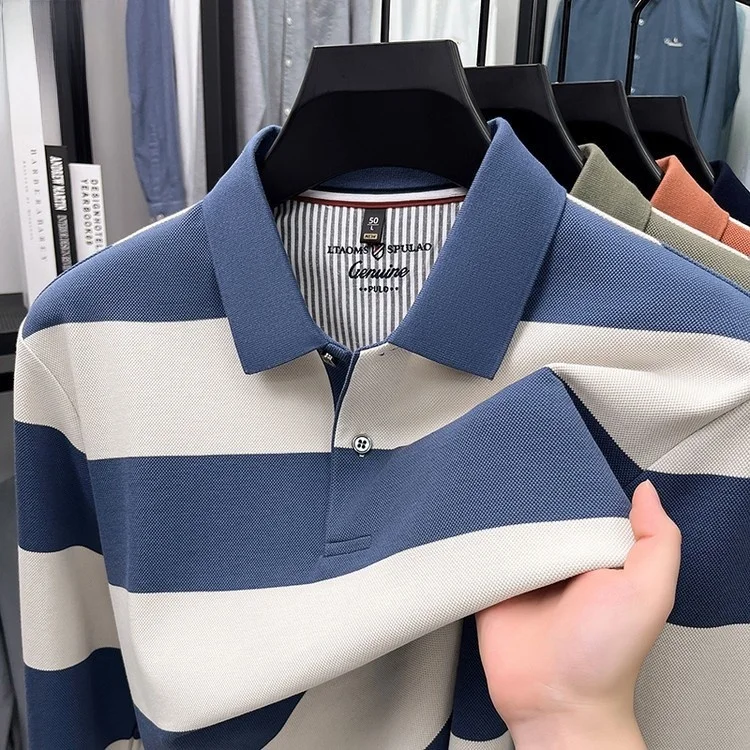 

Thiened Warm Long Sve irt Men's Embroidered Woven Wide Stripe Collar T-irt Busin Sle Cotton Polyester Blend