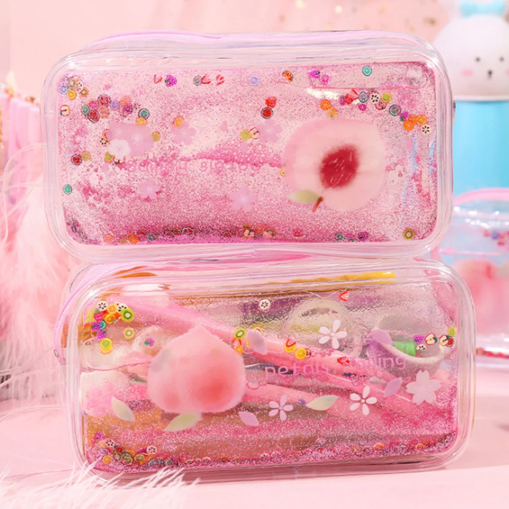 1Pcs Peach Pattern PVC Pen Bag Quicksand Shiny Pencil Case Portable Stationery Bag Travel Organizer Colorful Handle