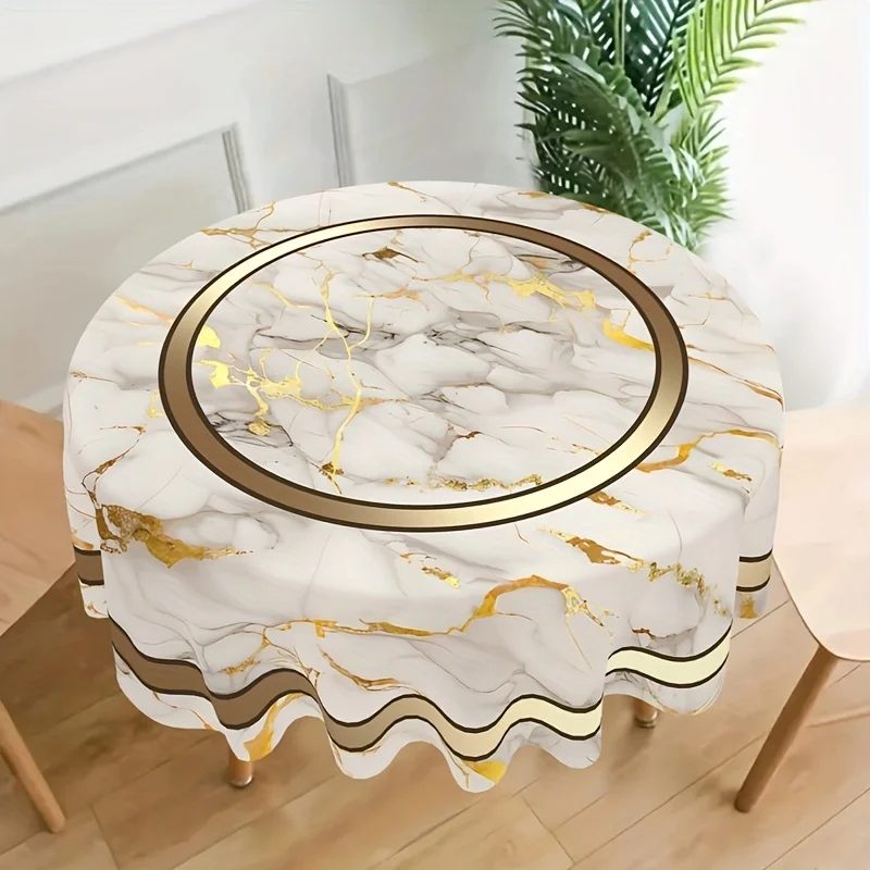 Dark marble-patterned round tablecloth, golden crystal-patterned granite-textured polyester round table cover.