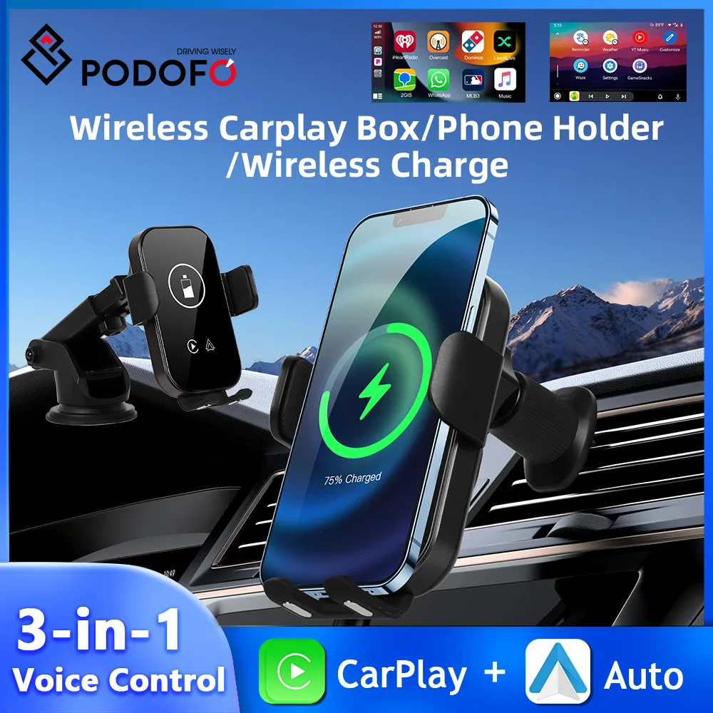 Podofo Wireless Carplay Box Android Auto Box Phone Holder Wireless Charging 15W/10W/7.5W/5W Carplay Android Auto Adapter Type-C