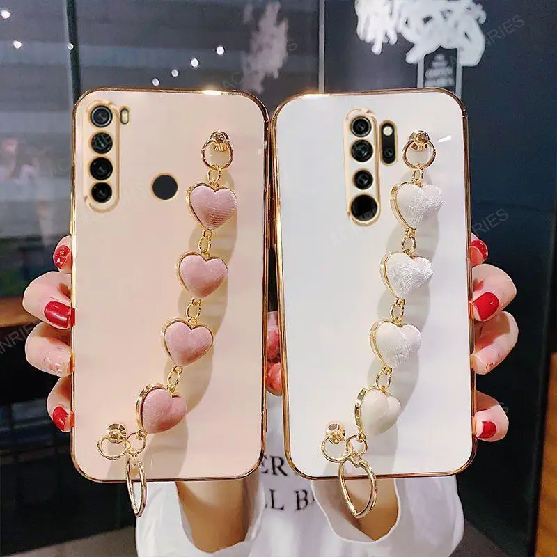 Note8pro Love Heart Wrist Chain Silicone Case On For Xiaomi Redmi Note 8 Pro 8t Note8 2021 9 9a 9c Luxury Plating Cover Note8t