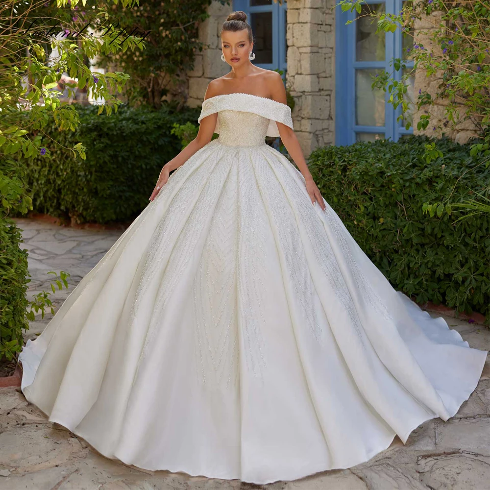 

Lceland Poppy Customized Ball Gown Wedding Dresses Off the Shoulder Beaded Lace Bridal Gowns with Court Train