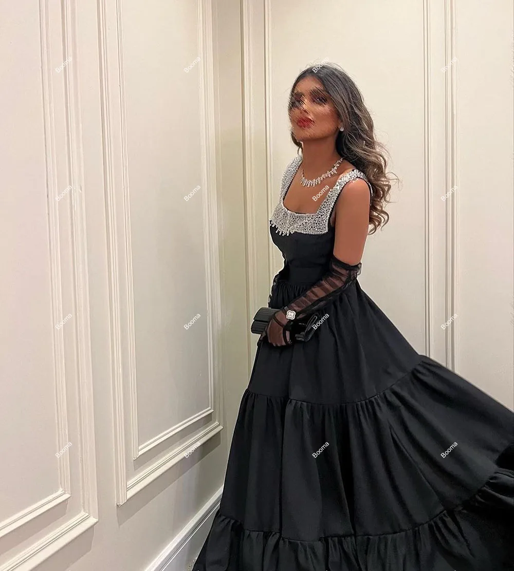 Booma Black A-Line Prom Dresses Sleeveless Square Collar Formal Party Gowns for Women Ruched Long Evening Dresses Dubai