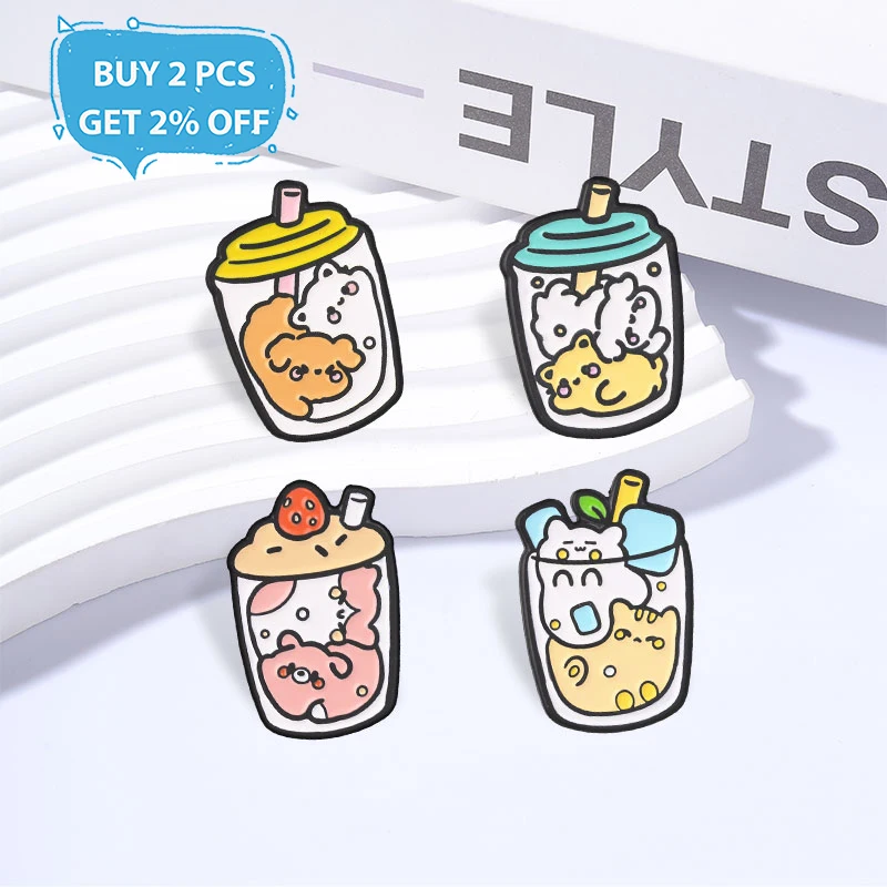 2-4pcs/Set Cute Coffee Tea Drink Badge Cat Dog Animal Enamel Pins Fashion Lapel Brooch Backpack Clothes Jewelry Gift for Friends