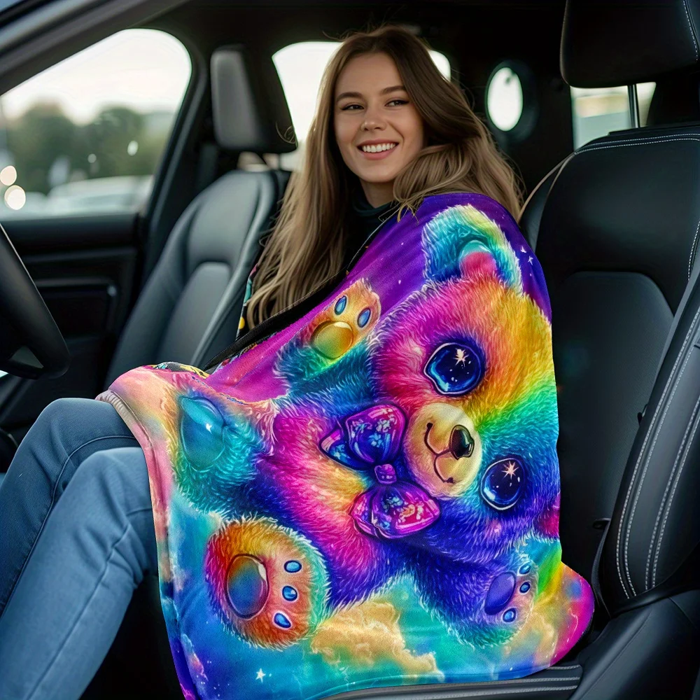 Rainbow Bear Sparkle Eyes Cosmic Clouds Galaxy Fleece Blanket Soft Flannel Throw Kids Room Decor Fun Colorful Gift Idea