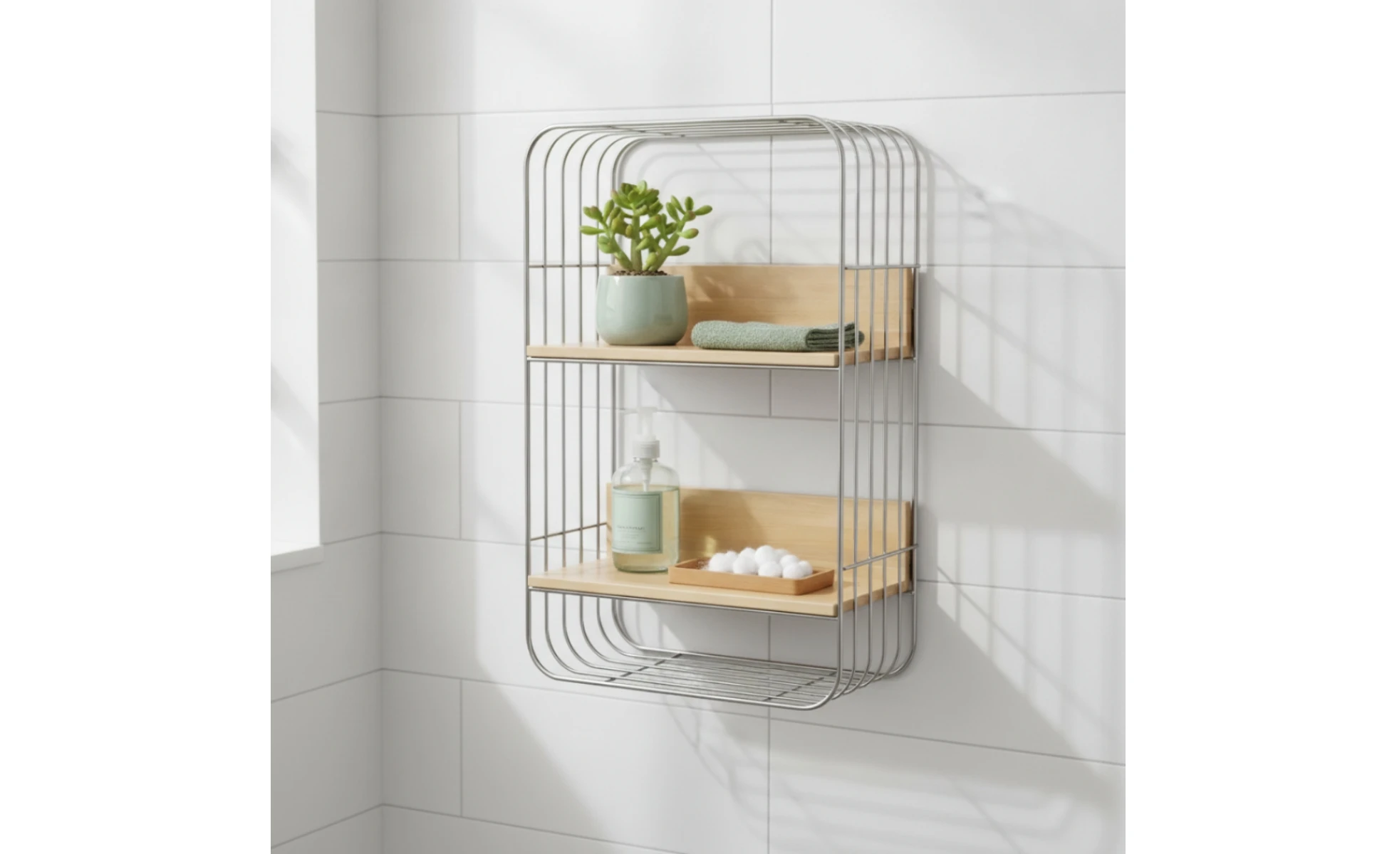Wall-Mounted Storage Rack Two-Tier Shelf with Wooden Boards Open Shelf Rack Stainless Steel Furniture Metal Frame for Kitchen