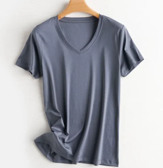 U045   Summer  Cotton Women Silk T-shirts V Neck Short Sleeve Loose Straight Tops Simple Casual Tees For Minimalist 2023