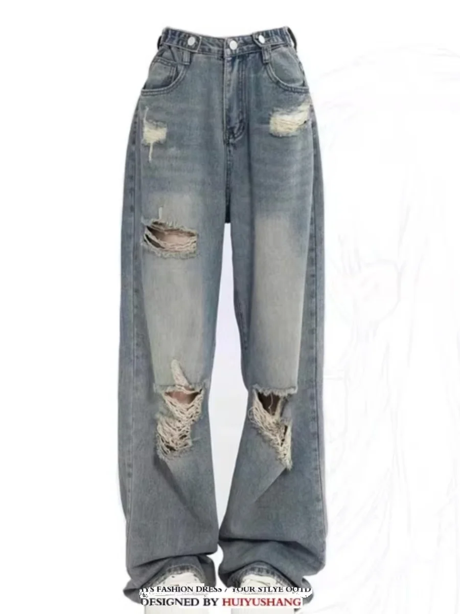 

High Waist Ripped Straight Leg Jeans Loose Wide Leg Pants Slimming Long Trousers for plus Size Women
