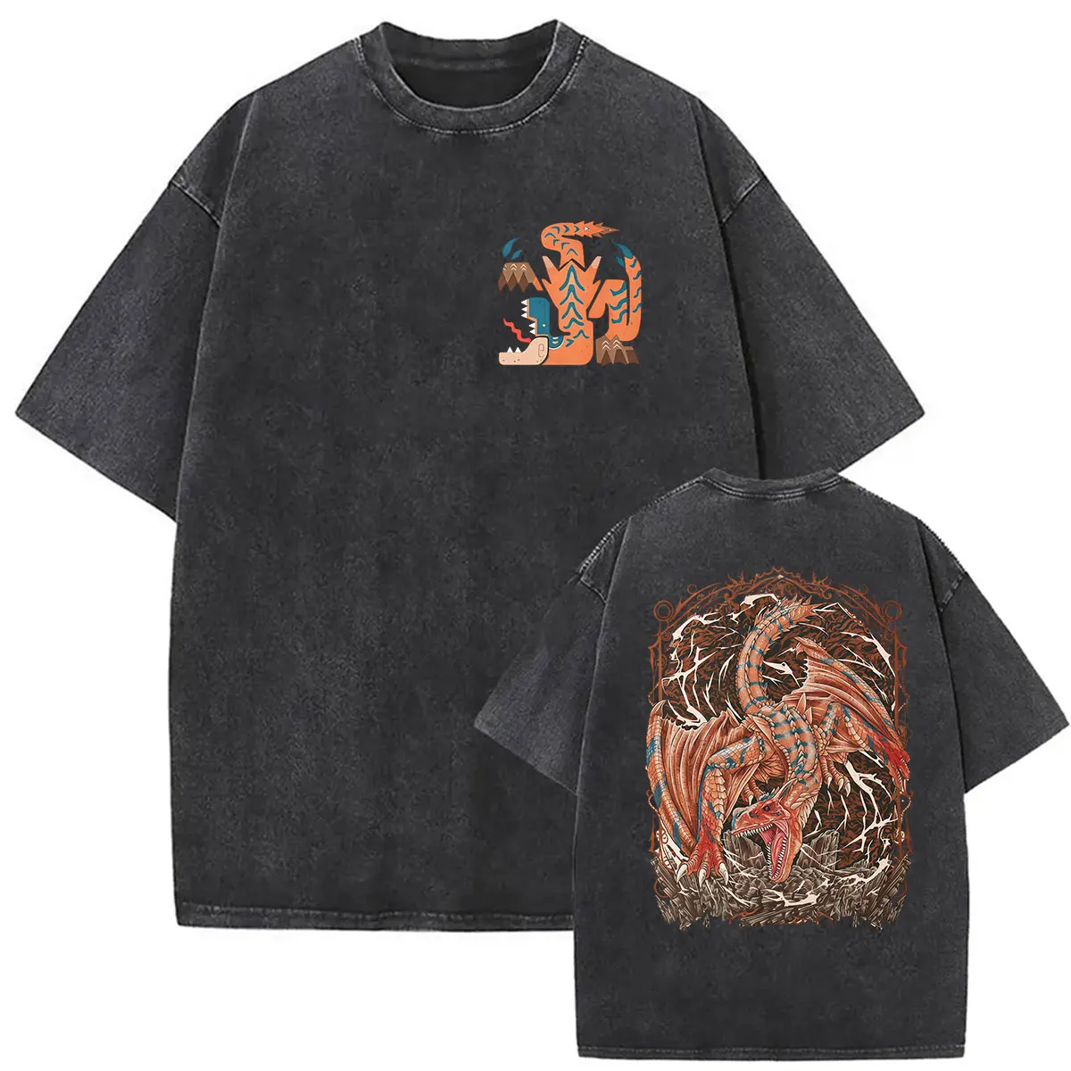 Vintage Washed Monster Hunter Lagiacrus The Lord of The Seas Game Fans T-Shirts Herren Damen Kleidung Mode Kurzarm-T-Shirt – Detail 5