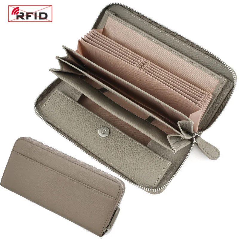 Western RFID Blocking Long Leather Women Wallet Multiple Card Slots Large Capacity Zipper Purse for Ladies