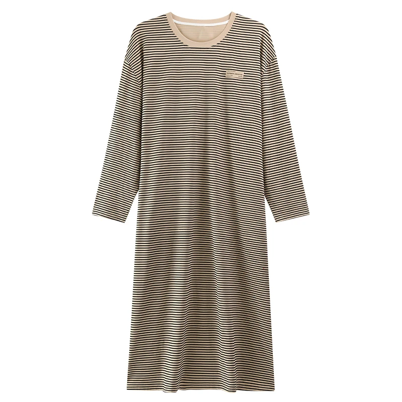 Big Size M-4XL Women Nightdress Female 100% Cotton Long Sleeve Striped Sleepdres