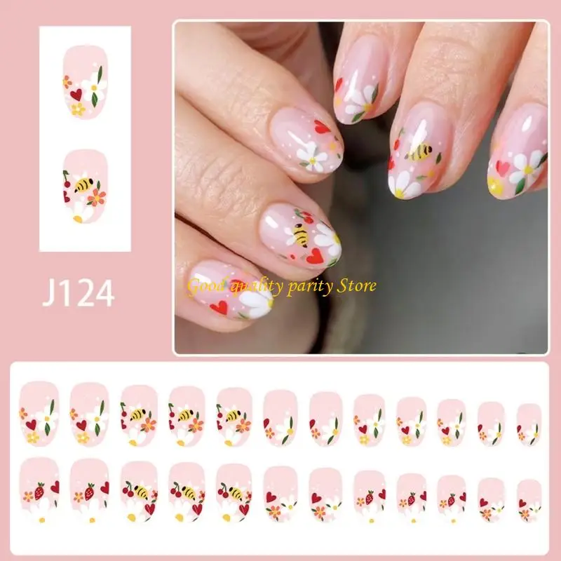 M4YA 24 PCS Đáng yêu Những con ong nhân tạo ngắn hình bầu dục đầy đủ bìa giả hình móng tay bóng trên móng tay nhấn trên móng tay