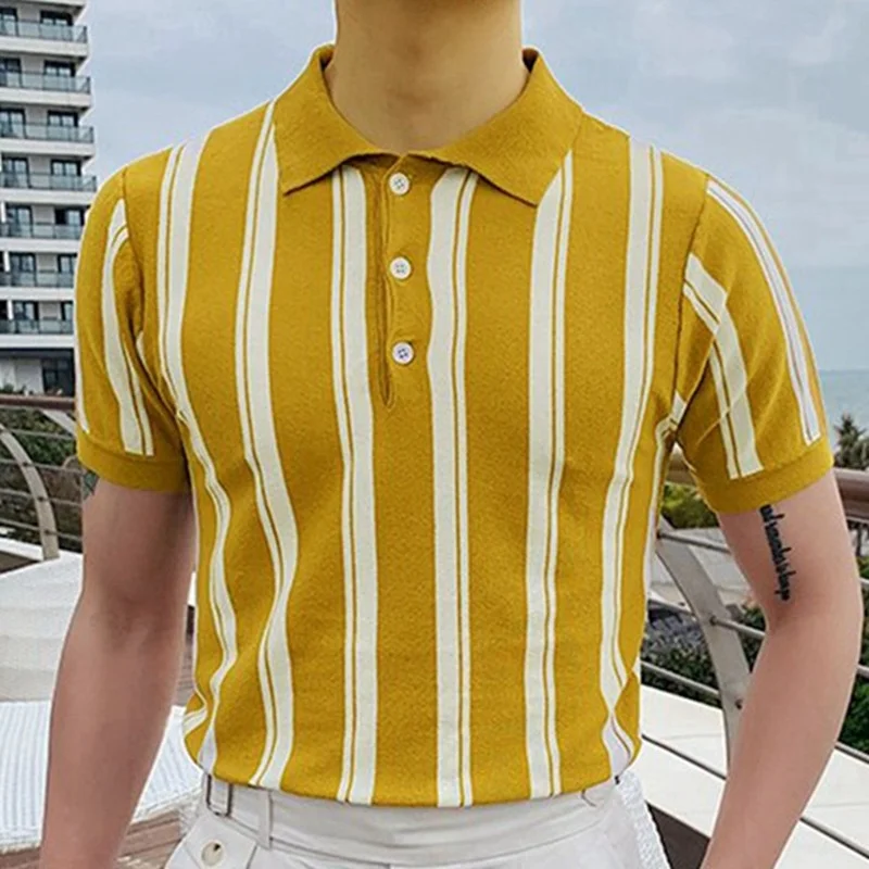 

Summer Polo Shirt Men Business Casual Yellow Striped Short Sleeve Turn Down Collar Slim Fit s Golf Ropa Hombre