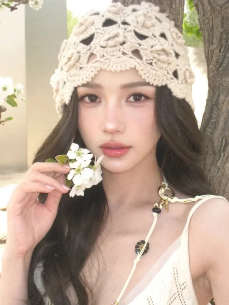 Handmade Crochet Hollow Knitted Hat Women Summer Thin Breathable Fashion Retro Ethnic Style Full-Coverage Overhead Cap