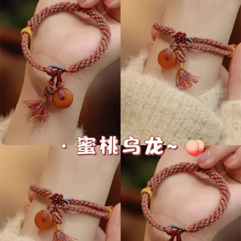 Colorful Rope Peach Oolong Tassel Hand Rope Retro Chinese Ethnic Style Girl's Woven Beautiful Bracelet Beeswax Charms Jewelry