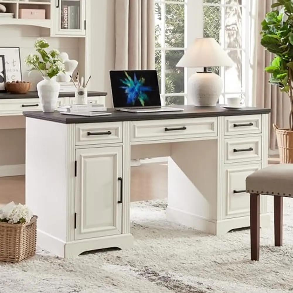 Embossed Texture Office Desk with Drawers and Cabinet 58