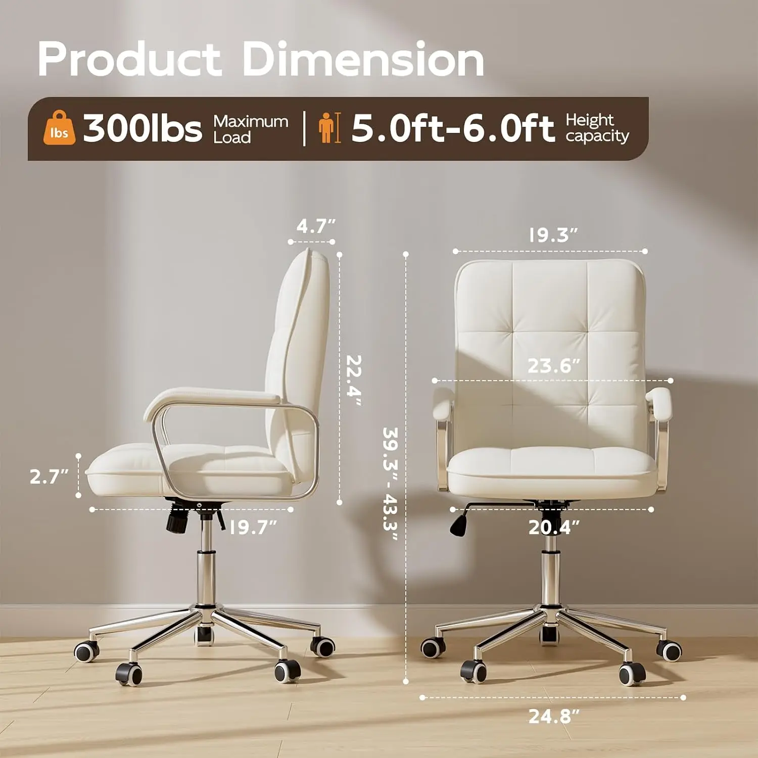 White Office Chair, Mid Back Leather Desk Chair with Wheels, Customized