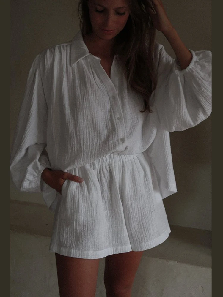 Single Breasted Shirt Set For Women Casual Elastic Waist Wide Leg Short Pants Suit 2025 Summer New Fashion Daily Commute Outfits