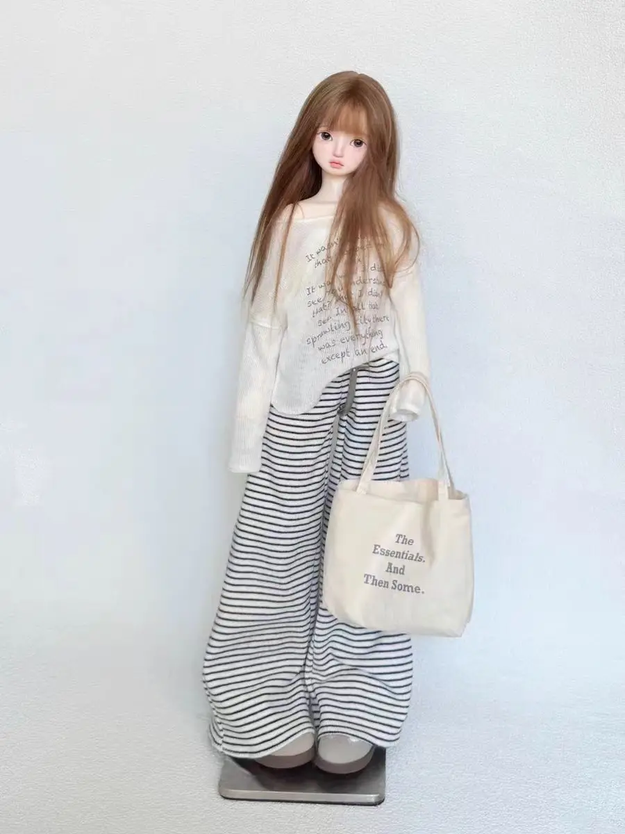 Roupas de boneca bjd (1/4 bjd), roupas de bebê, lazer, caminhada, conjunto de capa, vestido listrado, calças compridas, bolsa de pano, roupa de boneca moderna