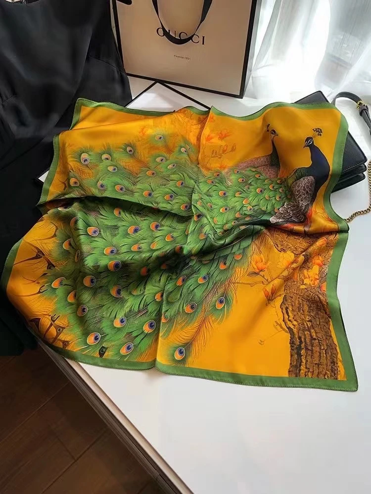 BYSIFA| New Peacock Women Silk Scarf Fashion Yellow Green Square Scarves Hijabs Brand Accessories 100% Mulberry Silk Headscarves