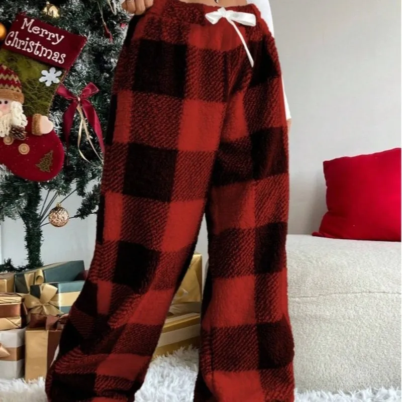 New grid women's pants autumn and winter Thick retro style elastic waistband multiple women wide leg trousers for code winter