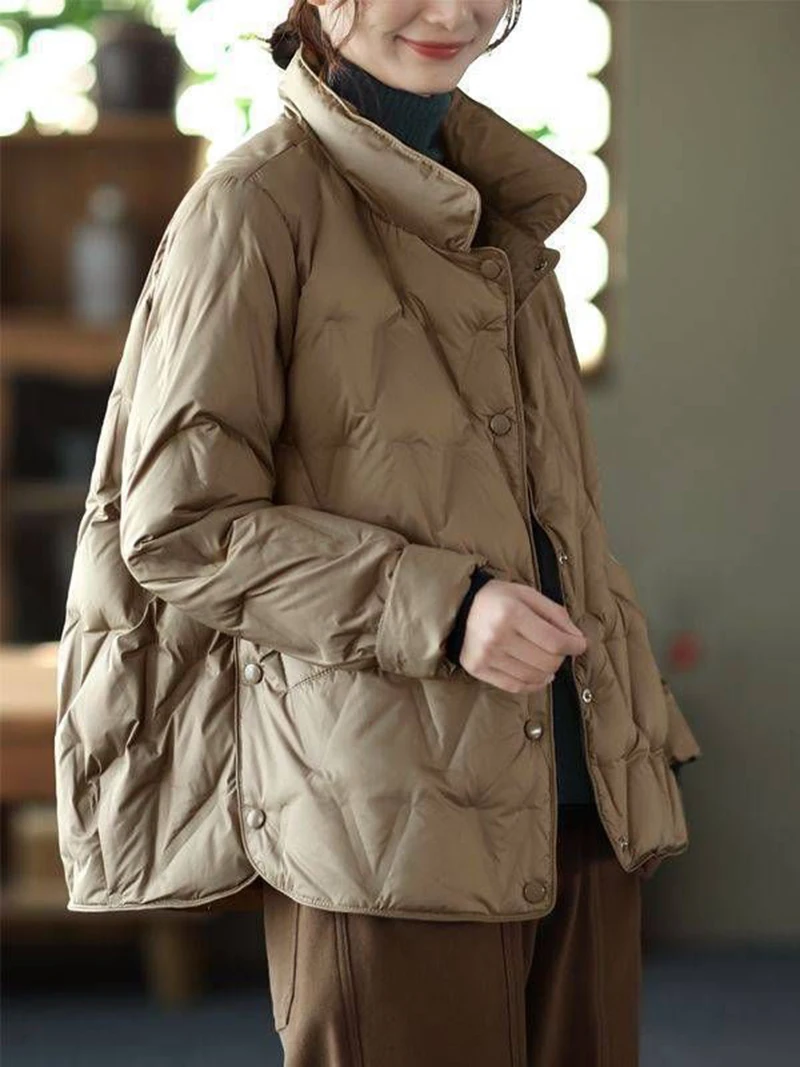 Chaqueta de plumón de pato para mujer, abrigo corto cálido de una sola botonadura, Parka blanca, prendas de vestir para la nieve, otoño e invierno,