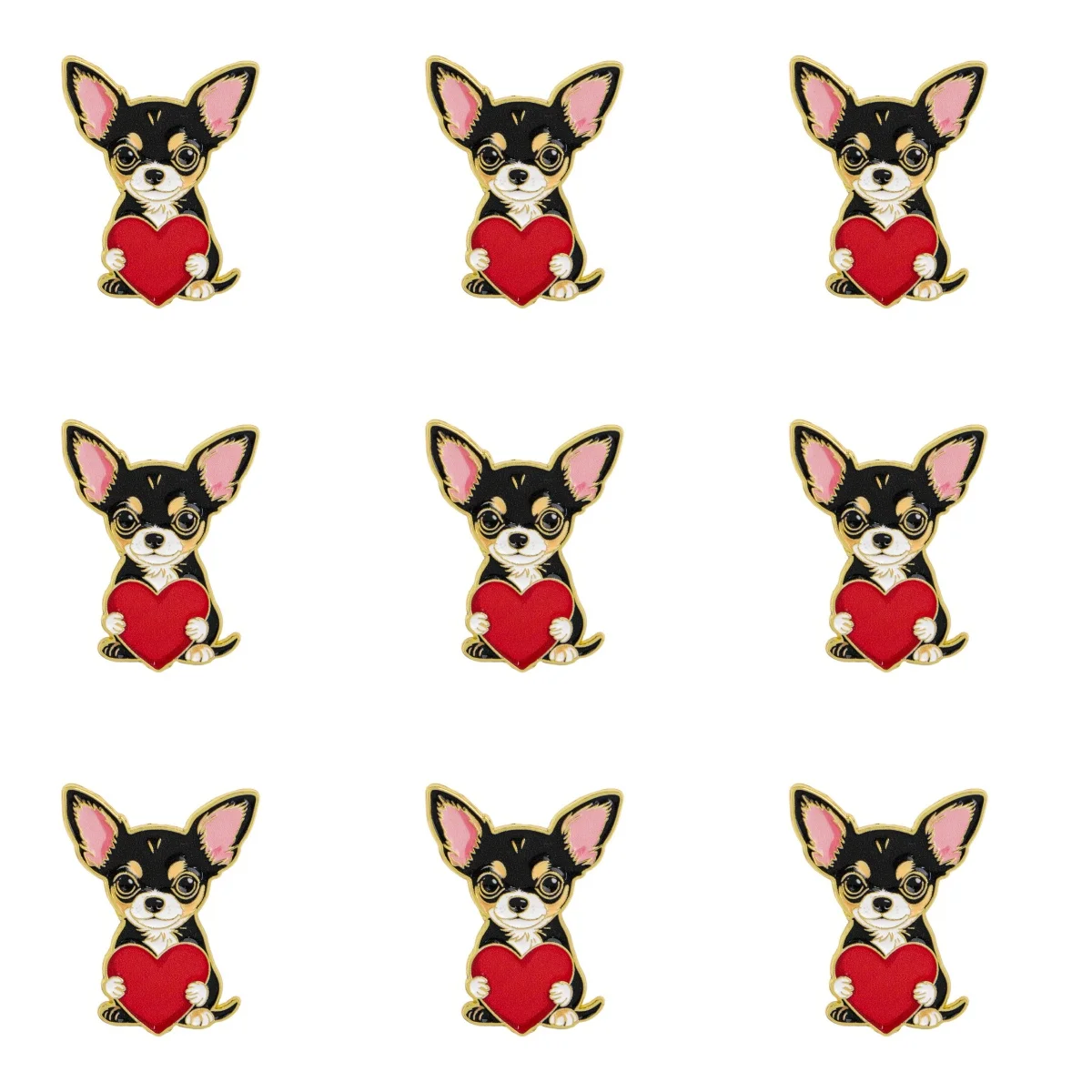 9 Stück Niedliche Chihuahua-Hunde mit Rotem Herz Emaille-Brosche Metall-Anstecknadel für Kleidung, Rucksack, Tier-Schmuck-Accessoires – Detail 2