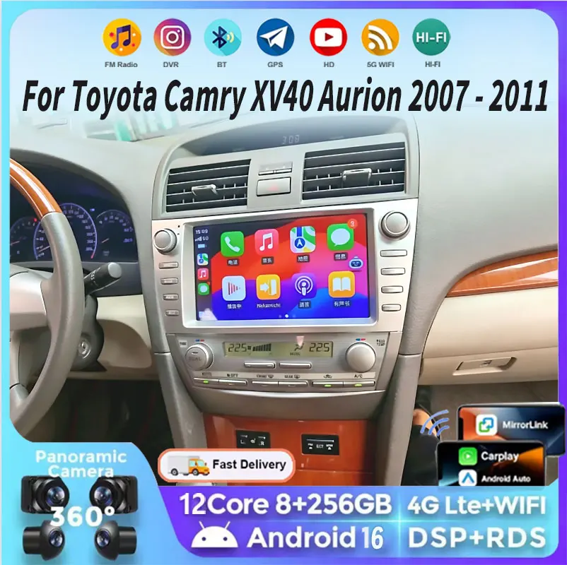 Android 16 pour Toyota Camry XV40 Aurion 2007 - 2011 DSP Carplay Autoradio Lecteur Multimédia GPS Navigation Stéréo Radio de Voiture WIFI