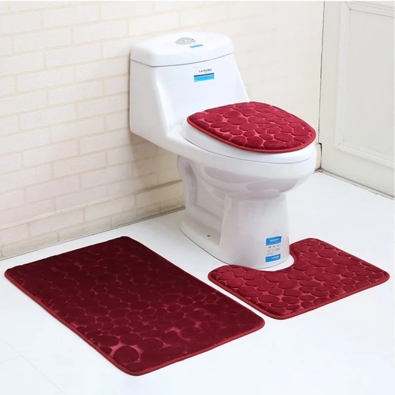 Toilet Seat Cover 3Pcs Set Bath Mat Shower Room Floor Rug Home Bathroom Anti-Slip Absorbent Doormat Pebbles Bathtub Decor Carpet