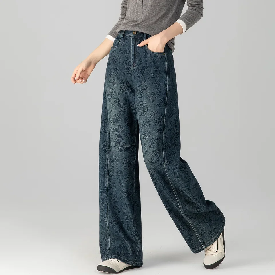 Vintage Neue Mode Amerikanischen Stil frauen Gedruckt Casual Trendy Lose Breite Bein Gerade Denim Hosen Weibliche Hohe Taille Jeans