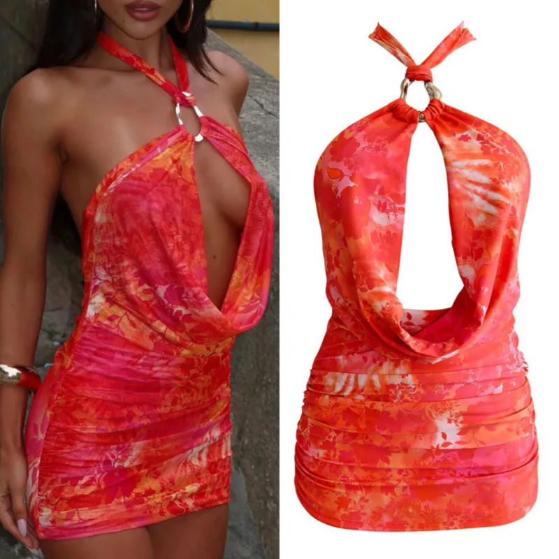

Chain Dresses Orange Hanging Neck Dress Sexy Backless One Piece Swimsuit Women's Set Beach Vacation A-line Sexy Deep V-skirt New