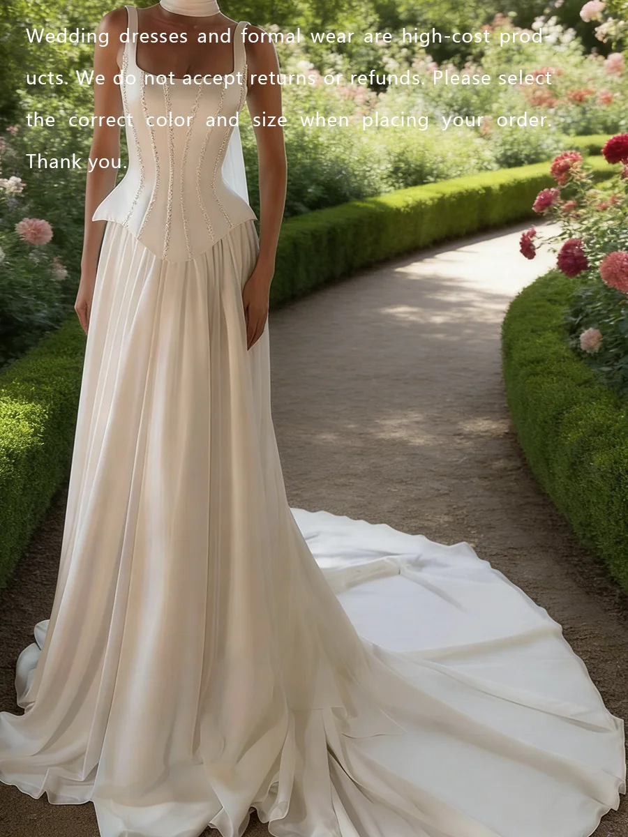 Elegant Square Collar Corset Sleeveless Pleat Straight Bride Wedding Dresses Bridal Gowns Customized
