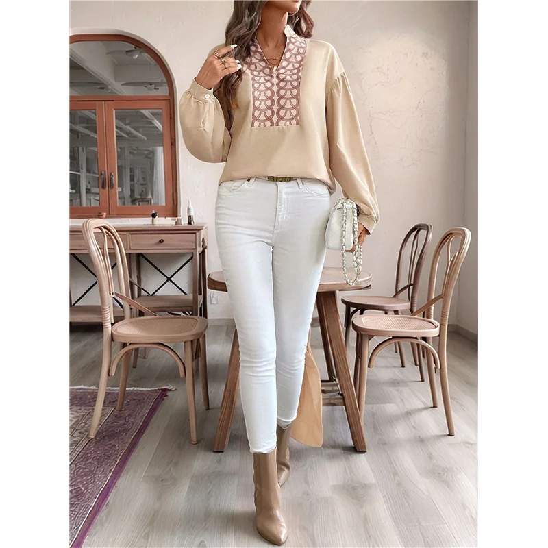 

ASDS-Women's V-Neck Pleated Long Sleeve Office Top Retro Elegant Open-Front Circular Pattern Stand Collar Shirt