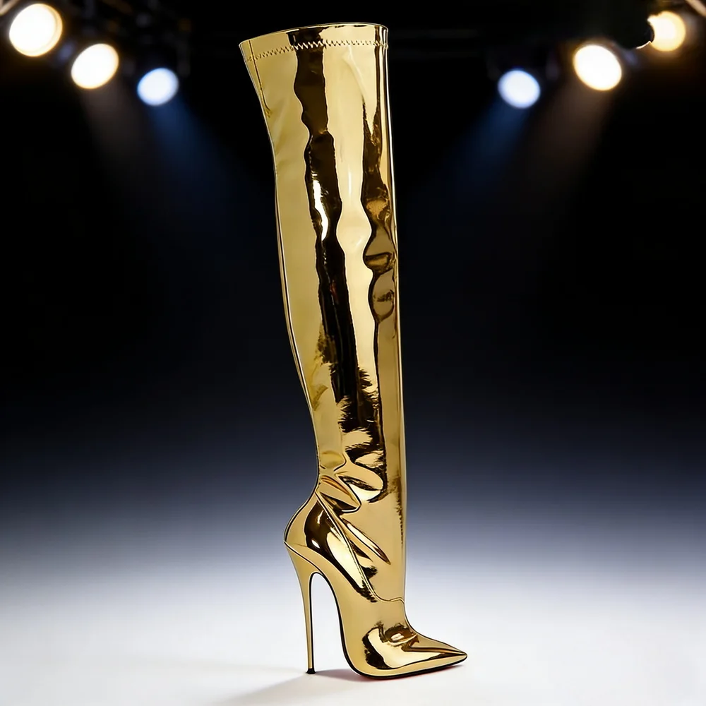 

16cm Painting Heel Patent Leather Women's Thigh High Boots,Over The Knee Long Botas,Autumn/Winter Shoes,Gold,Blue,Custom Colors