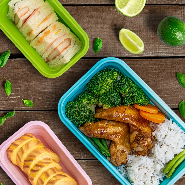 Collapsible Silicone Food Storage Container With Airtight Lid Microwave Freezer Safe Portable Rectangular Lunch Box view 6