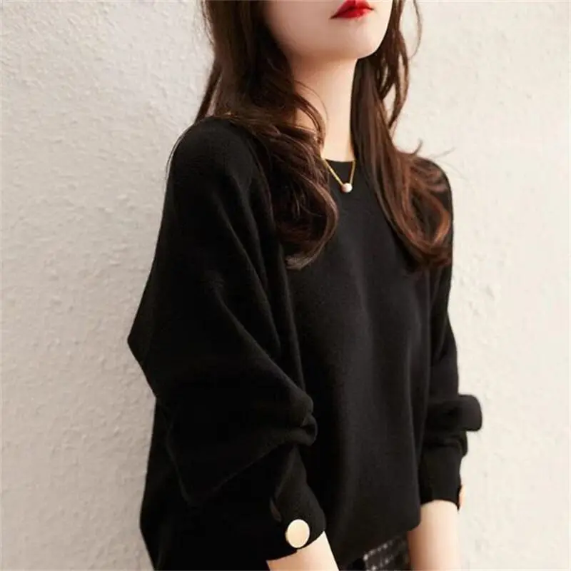 Women Autumn Winter Elegant Loose Fashion Solid Color O-neck Long Sleeve Knitwear Ladies All-match Knitting Bottoming Shirt Tops