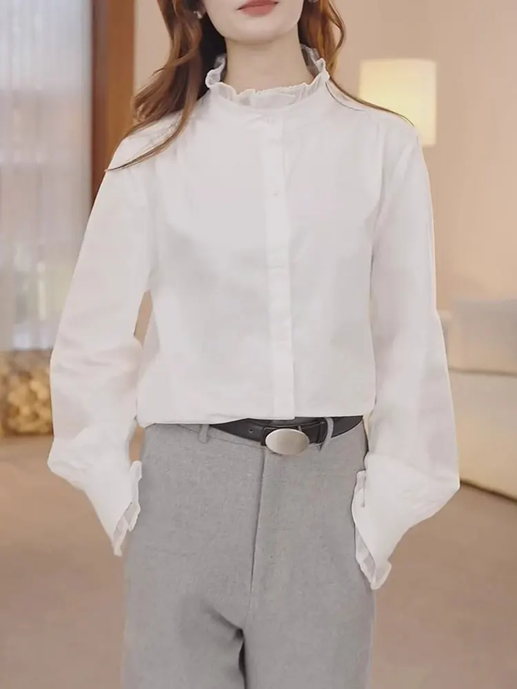 Elegancki, swobodny top z koronkowym kołnierzykiem, zapinany na jeden guzik, długi rękaw, idealny do pracy, modny, damski, wiosna 2025, marka Poetic Lin, luźny krój.