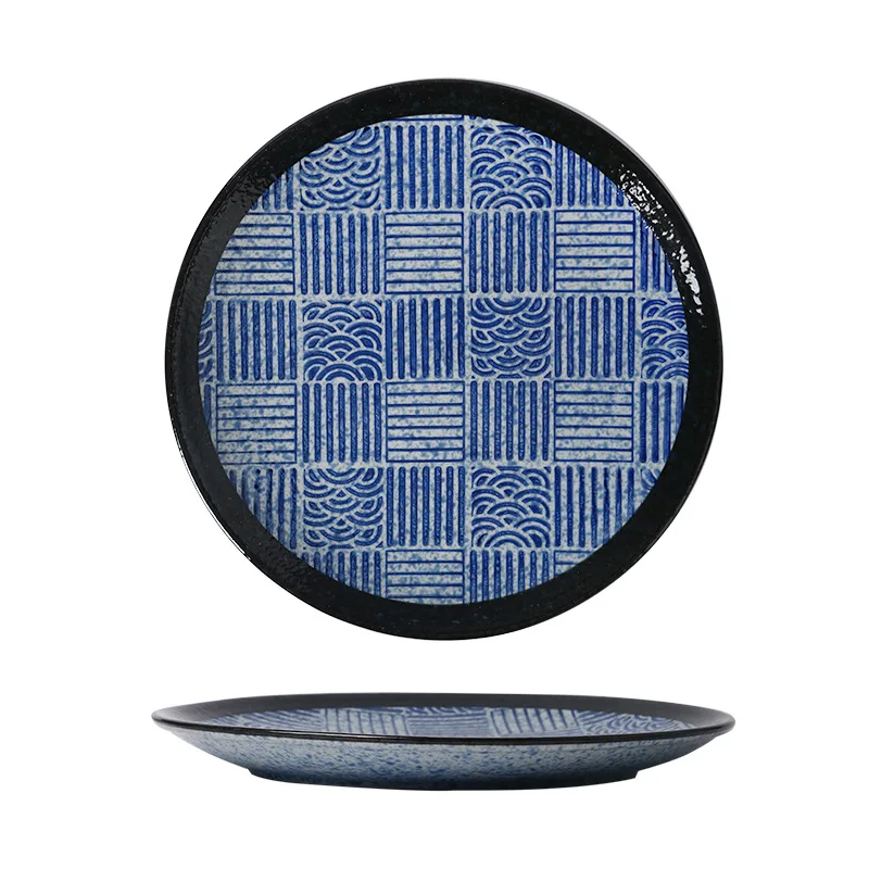 Japanese Blue And White Wave Pattern Tableware Ceramic Dinner Plate Household Flat Plate Sushi Plate Breakfast Plate