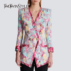 TWOTWINSTYLE Blazer formale con stampa Colorblock per donna scollo a V manica lunga bottone Patchwork eleganti Blazer donna KJA504655