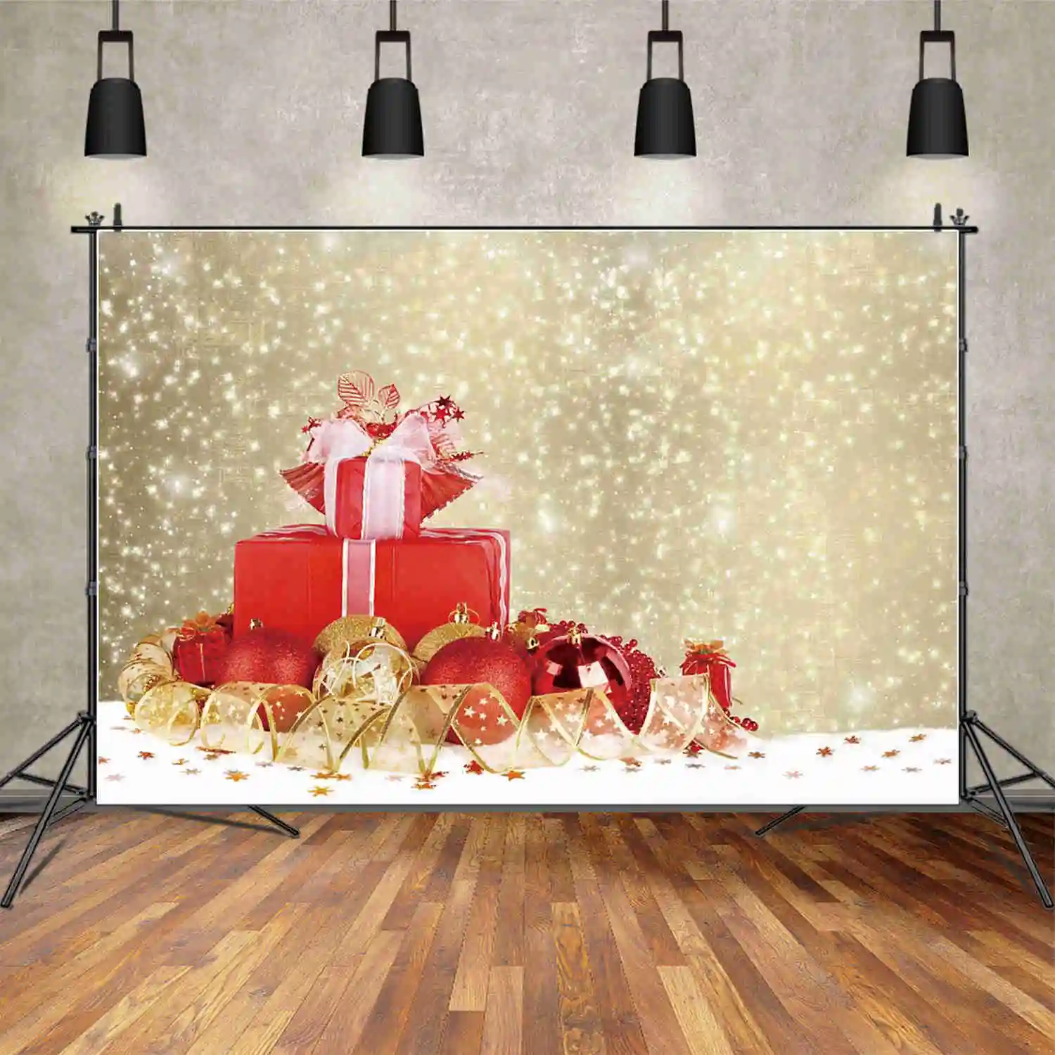 MOON.QG Snowy Christmas Background Photography Light Baubles Suspend Photocall Backdrop Children Studio Photobooth Accessories