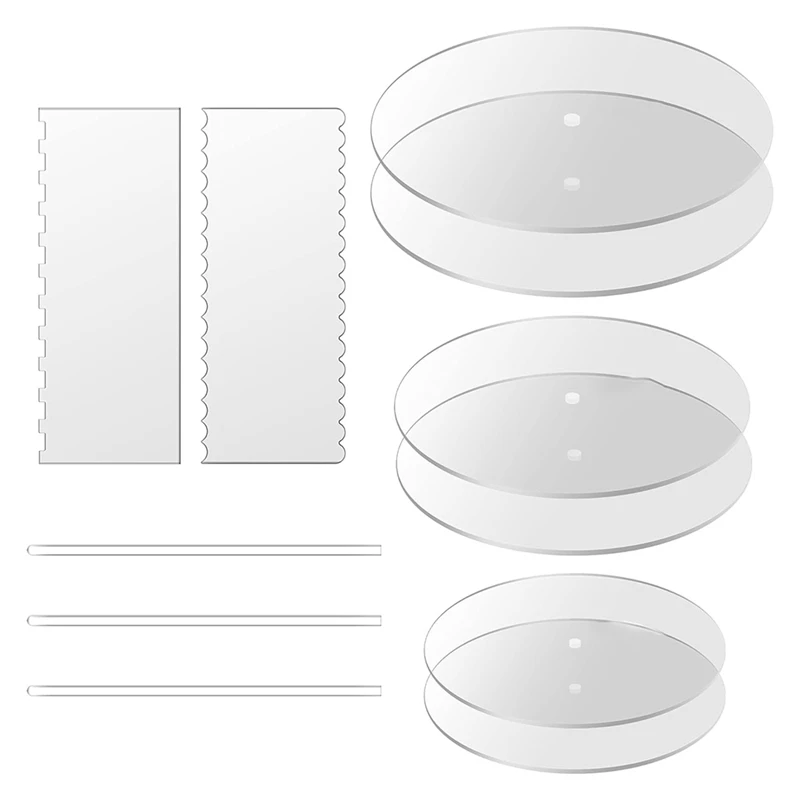 

Acrylic Round Cake Disk Set,Acrylic Cake Discs Set,Comb Scrapers,Dowel Rods,Icing Scraper,Acrylic Scraper Smoother