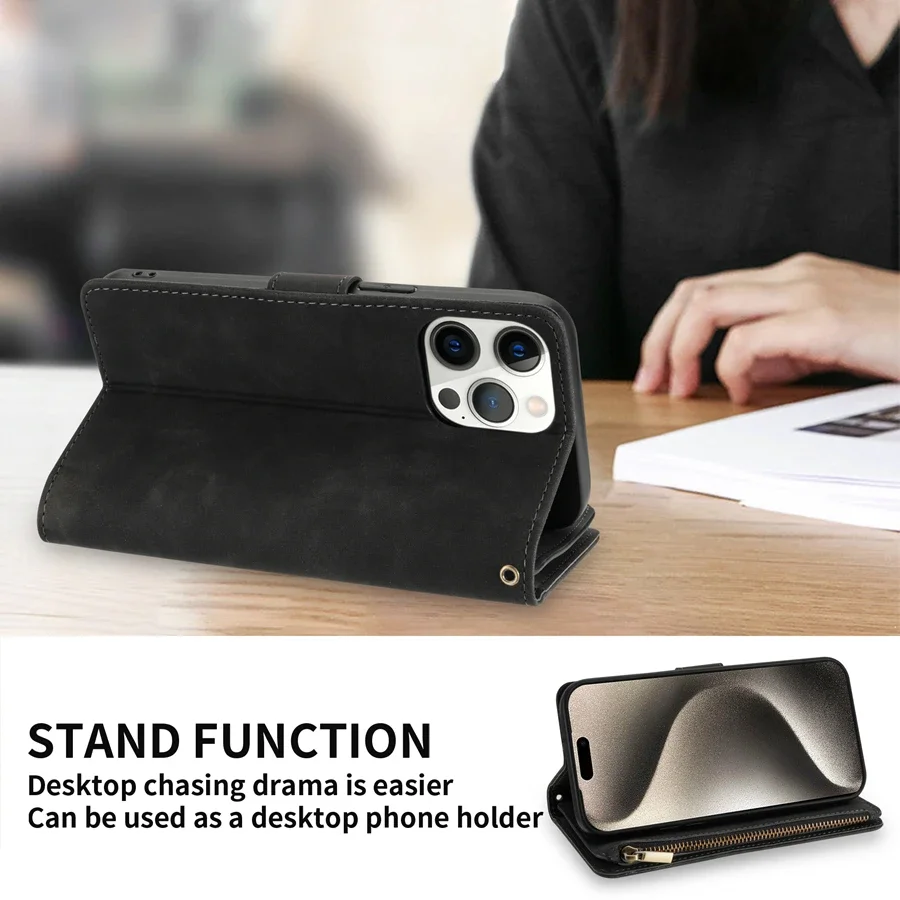 Wallet Multi-card Zipper Kickstand Magnetic Flip Leather Case For iPhone 15 Pro Max 14 Plus 13 Mini 12 11 SE 2020 X XS XR 8 7 6s